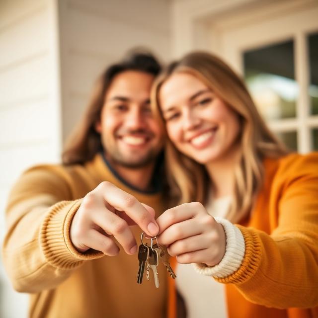 Couple holding keys to their new home