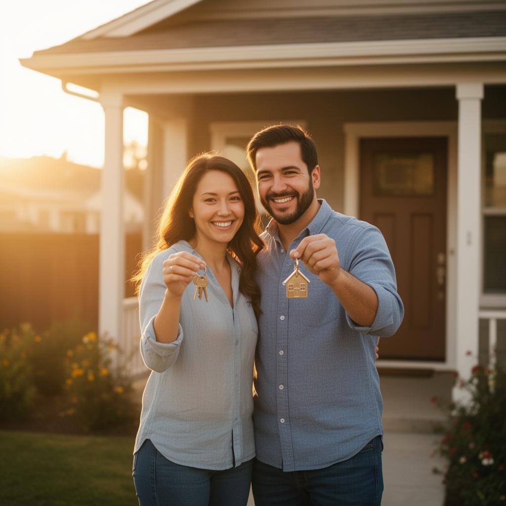 Happy couple holding keys to their new San Diego home at golden hour