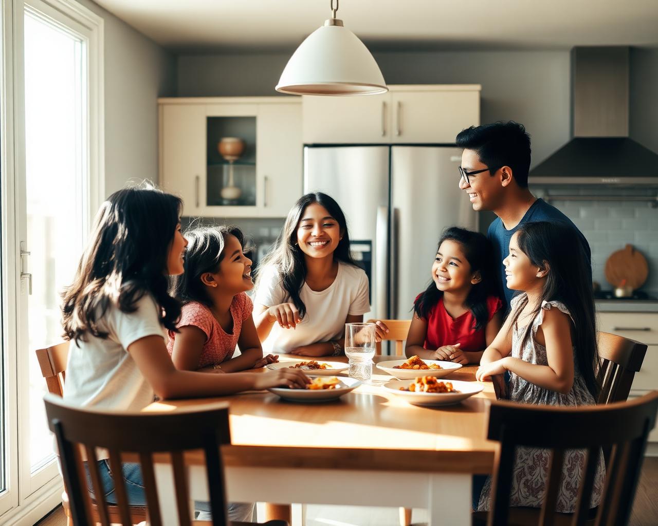 The Patel family laughing together around a sunlit kitchen table